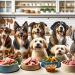 Honden met etensbakken en vers vlees