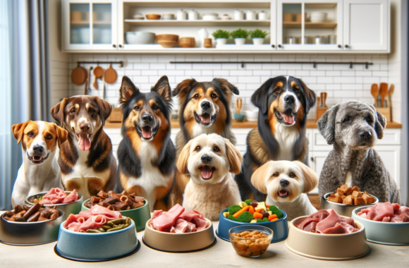 Honden met etensbakken en vers vlees